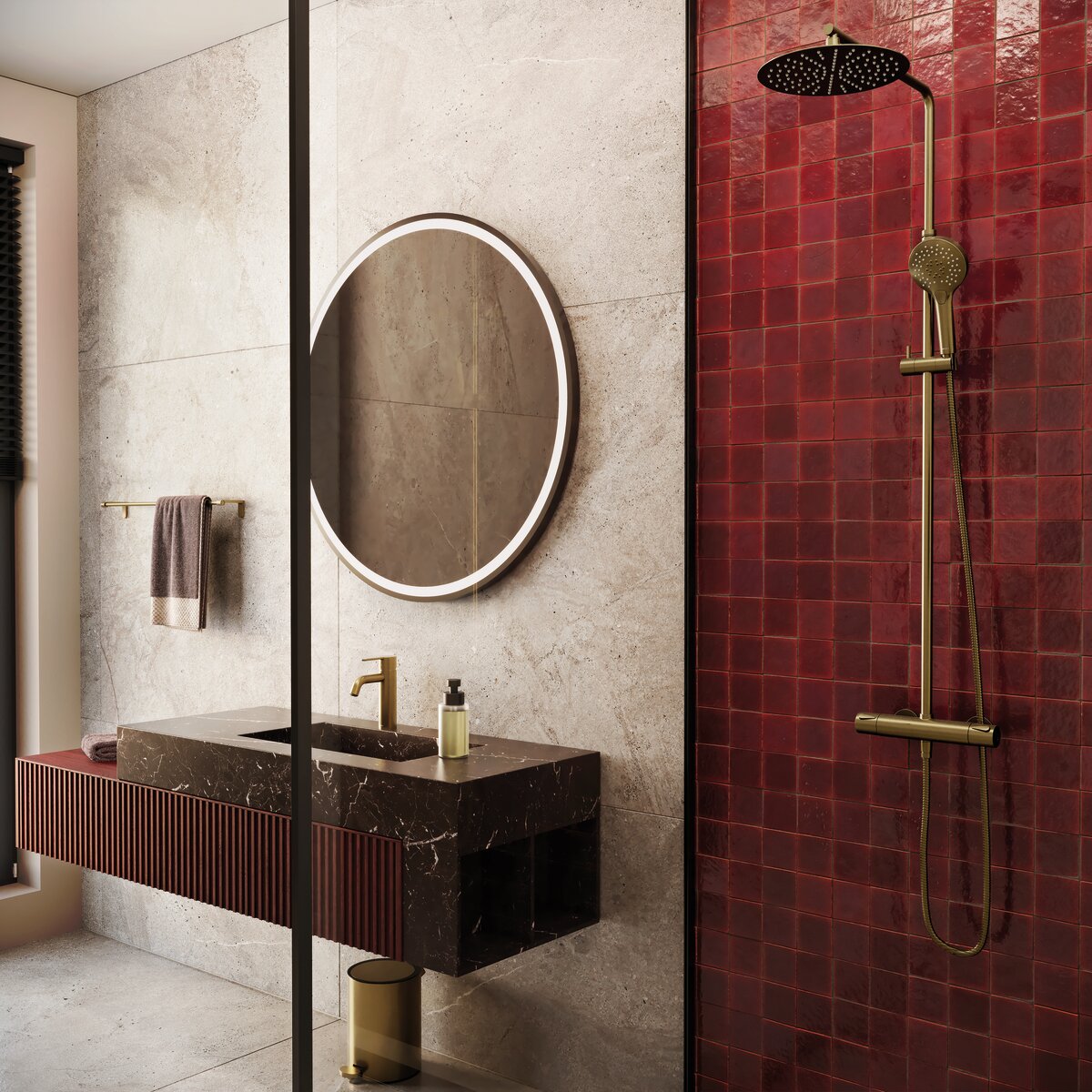 Système de douche thermostatique avec Pomme de tête en Douchette bronze brossé